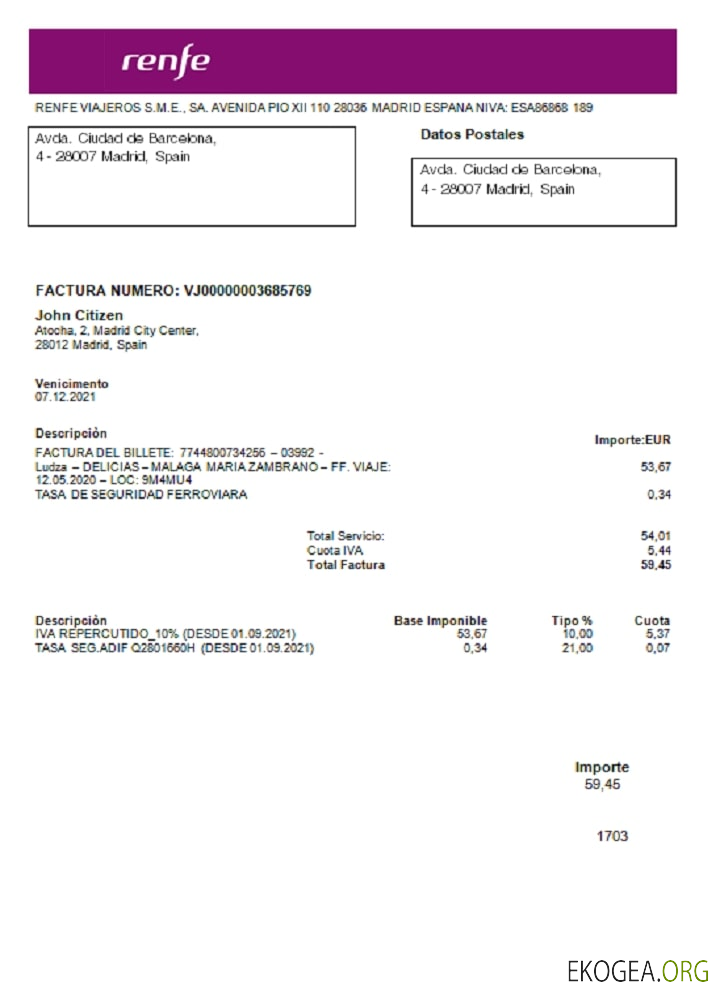 Spain Renfe utility bill template in Word and PDF format